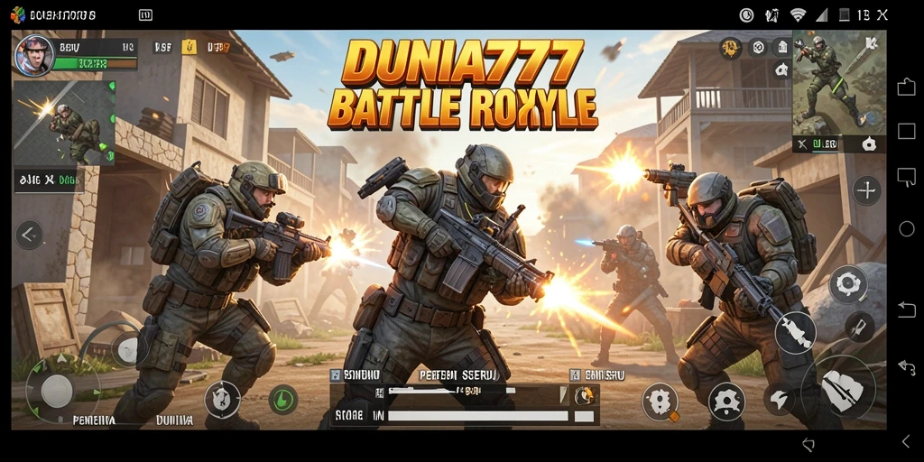 Screenshot gameplay DUNIA777 menampilkan aksi pertempuran intens Battle Royale.