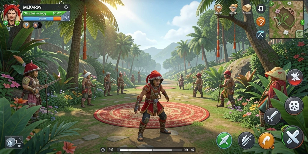 Tampilan gameplay seru di MEKAR99 dengan beragam aktivitas.