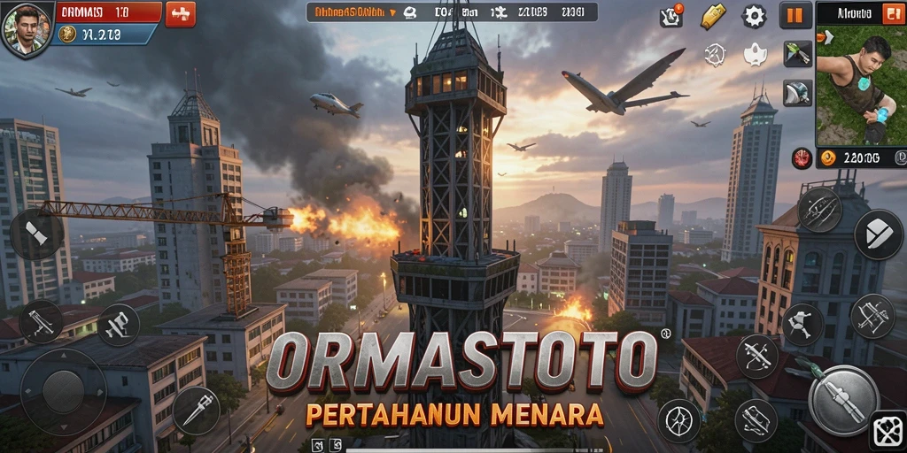 Tangkapan layar gameplay ORMASTOTO menampilkan pertahanan menara yang epik.