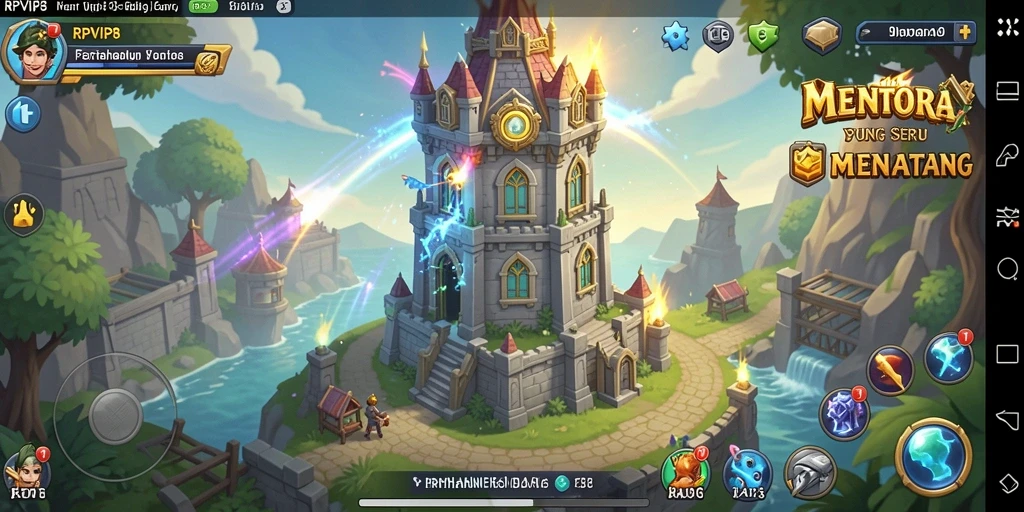 Gameplay RPVIP8 yang menampilkan pertahanan menara yang strategis.